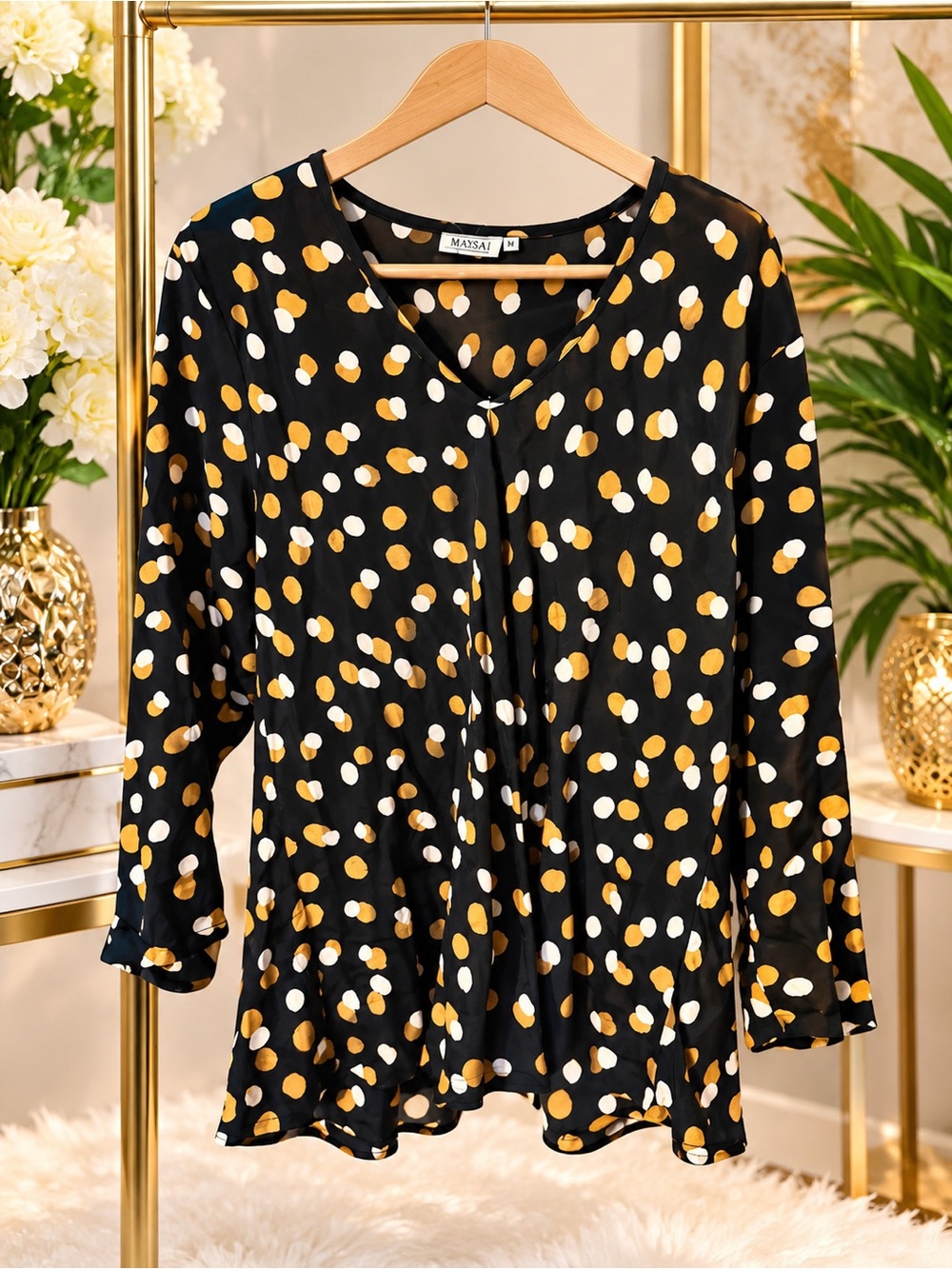 MAYSAI Black V-Neck Polka Dot Blouse in Mustard & White